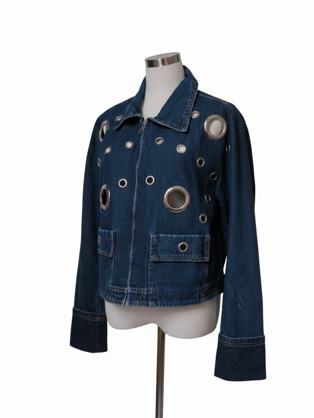 Eyelet-Embellished Dark Blue Denim Jacket